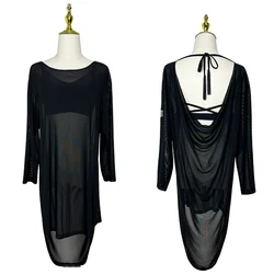 Vestido negro suelto de malla de baile latino para mujer, ropa de práctica de manga larga para Rumba, Ropa de baile moderna para adultos, DNV20016