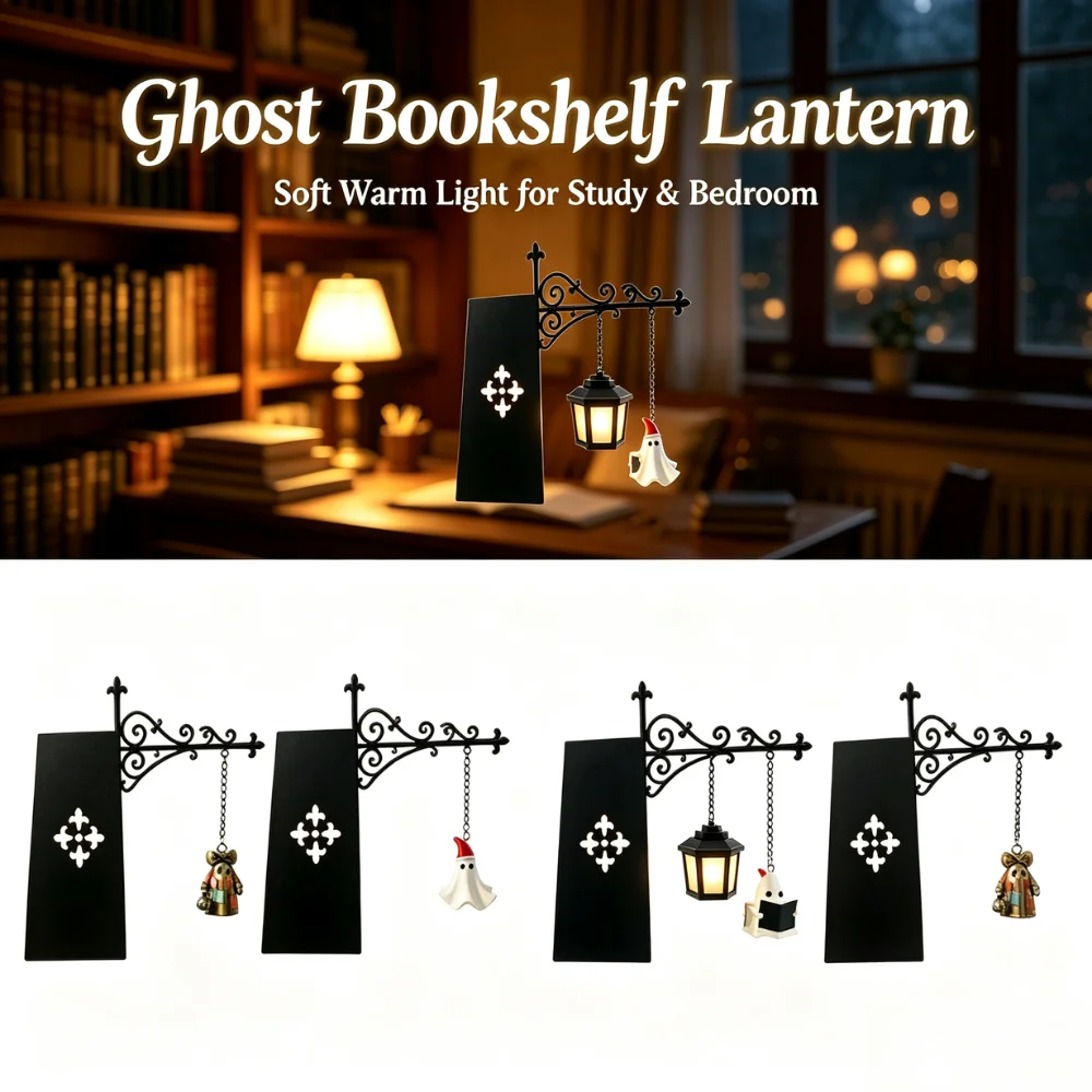 Resin Ghost Bookshelf Lantern Compact Decorative Shelf Light for Bookcase Desk Bedside Reading Room Birthday Housewarming Gift