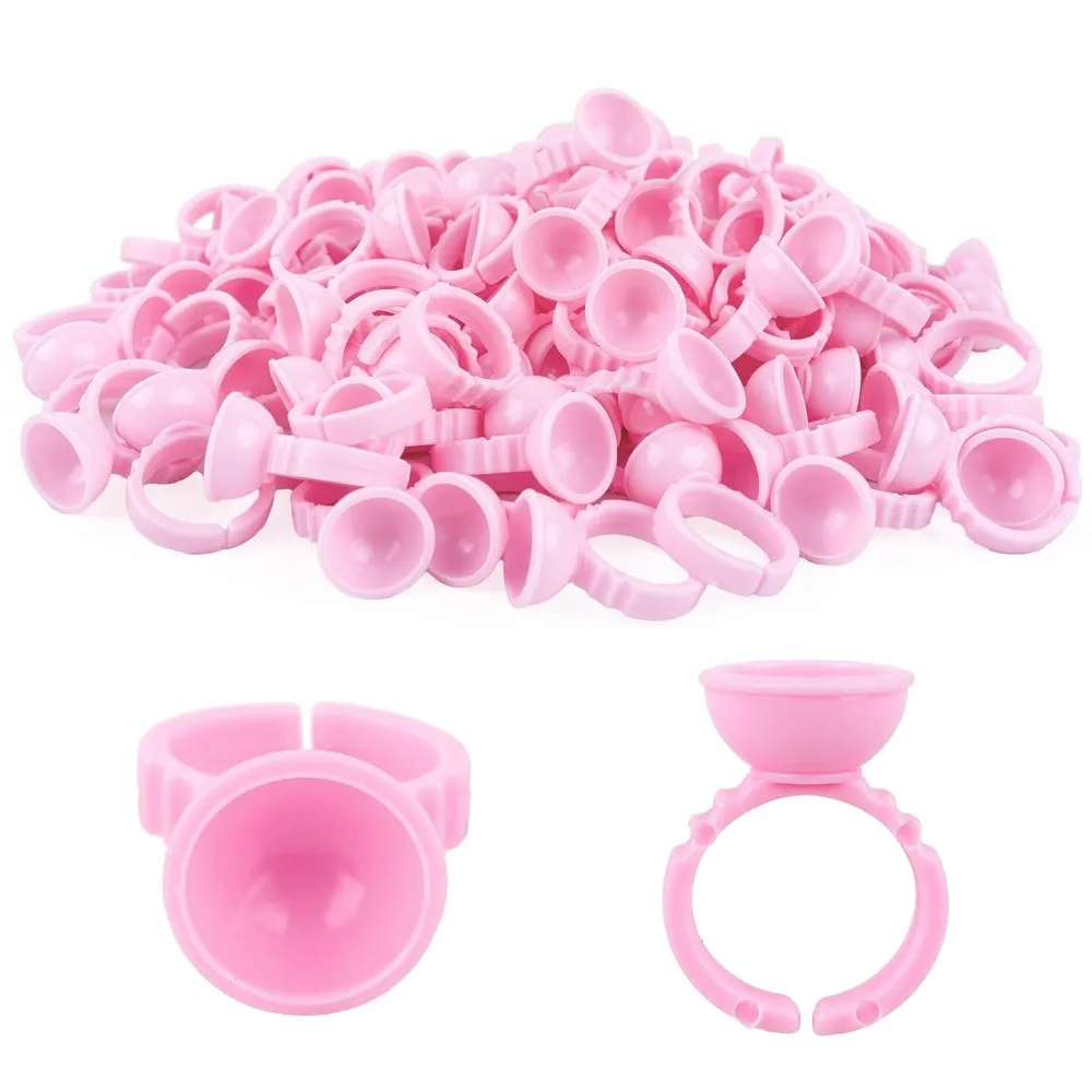 100PCS Pink Disposable Plastic Nail Art Rings Holders for Eyelash Extensions and Adhesive Pigment (Pack of 1)