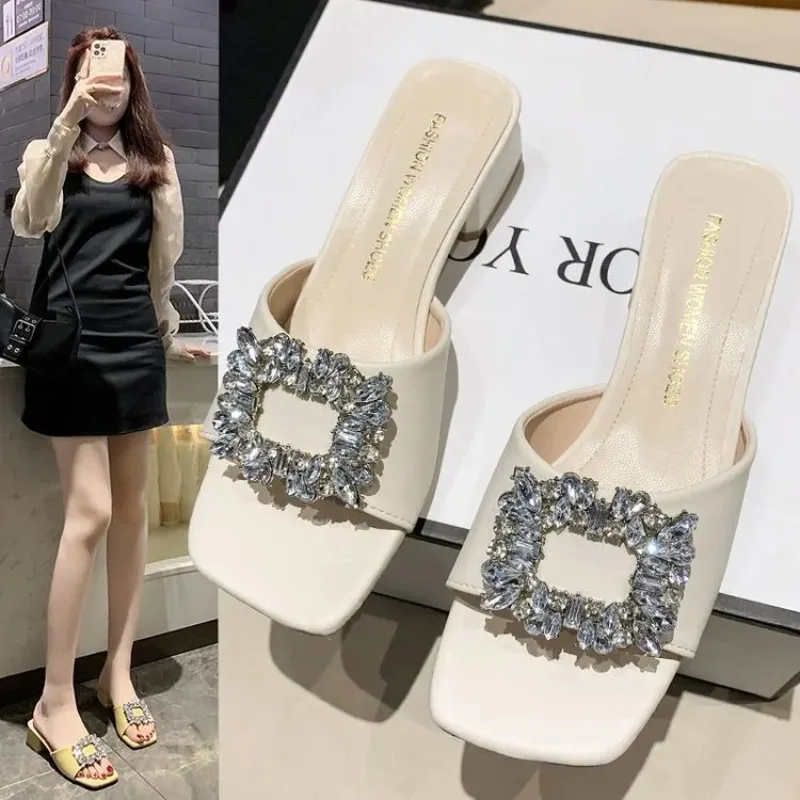 Women\'s Slippers Summer 2024 Rhinestones Mid Heel Elegant Sandals Fashion Outdoor Beach Shoes Slides Chanclas Mujer Playa