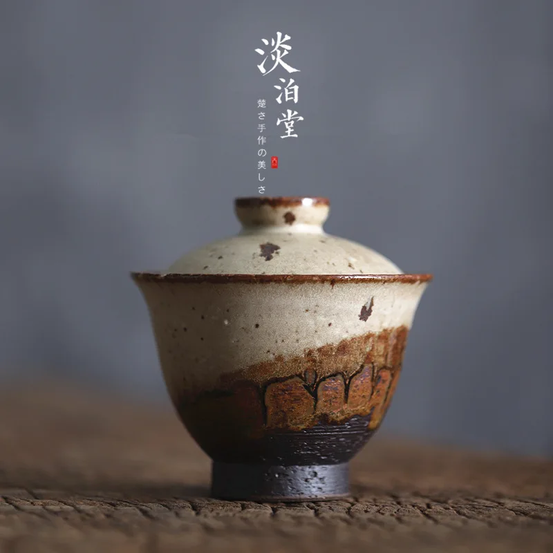 Light Botang Jingdezhen Hand-Made Imitation Firewood Kiln Changed to Stoneware Sunset Volcanic Clay Gaiwan Tea Brewing Bowl