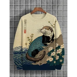 Men's Floral Otter Water Japanese Art Print Casual Sweatshirt Funny Cool Samurai Tracksuit Harajuku Couple Hip Hop Streetwear