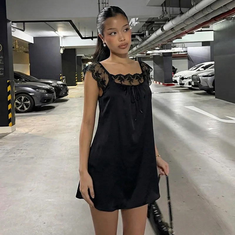 

Tsiisd White Lace Lace-Up Mini Dress Women Casual Loose Ruffled Patchwork Sexy Backless Solid Fashion Summer Dress Female Dress