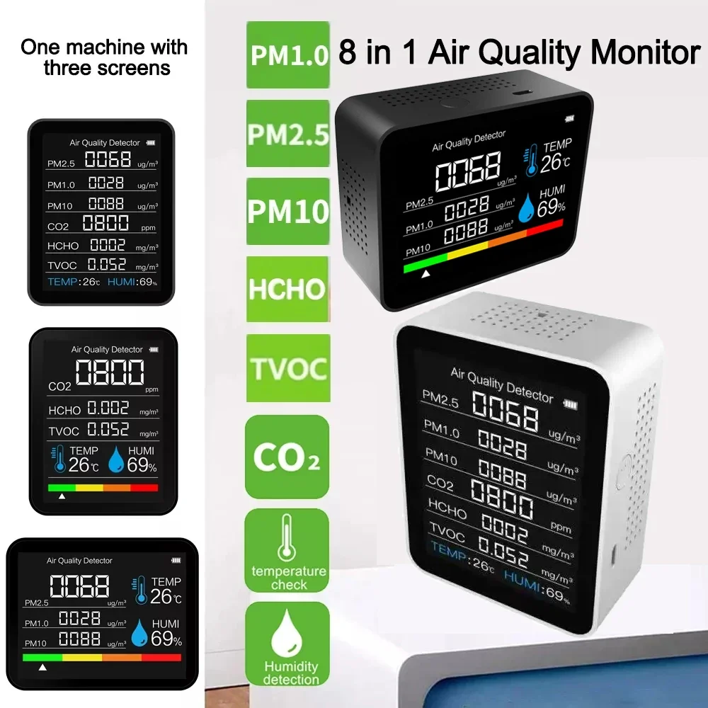 

8 in 1 Multifunctional Air Quality Monitor Intelligent Gravity Sensing 3 Functions Display Page Indoor Office Car Air Detector