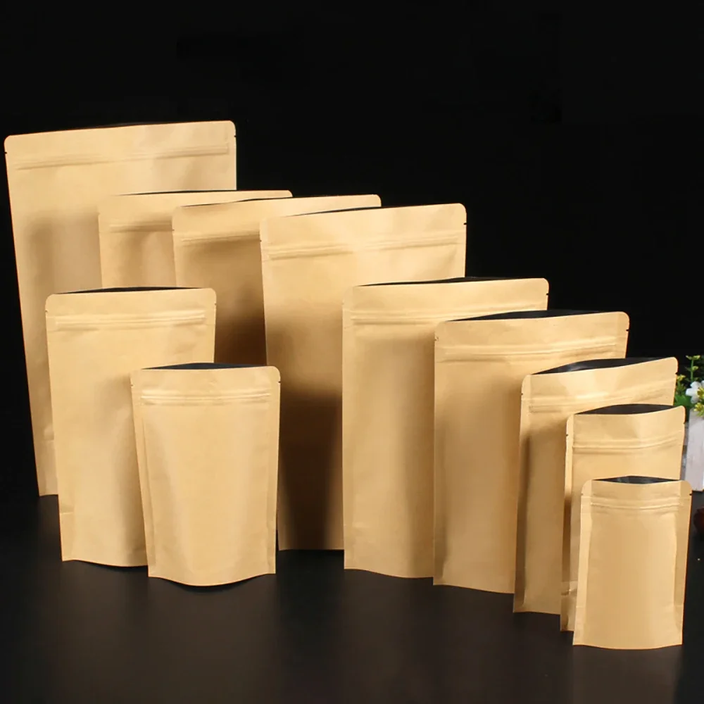 50PCS High Barrier Aluminum Foil Stand up Kraft Paper ZipLock Bag Powder Nuts Coffee Tea Kitchen Spice Resealable Packaing Bags