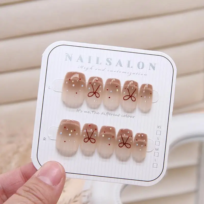 

10 шт./компл., румяна, розовый градиент, короткие накладные ногти ручной работы, дизайн ногтей с бантом, простой модный пресс на накладные ногти для женщин и девочек