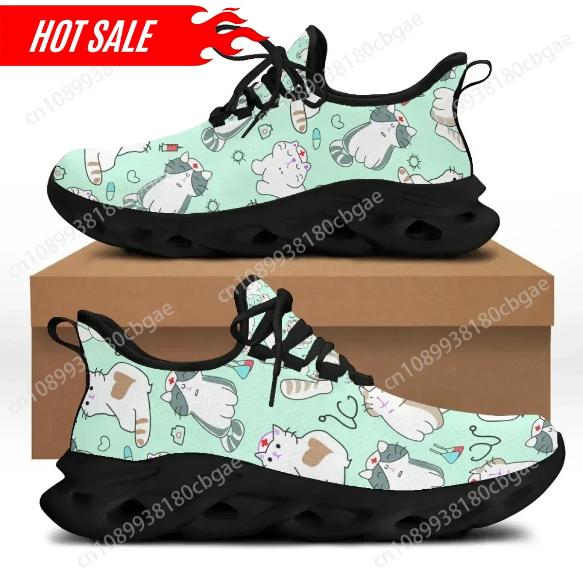 Hot Summer Spring Women Lace Up Casual Sneakers Teenager Girl Mesh Knit Sneakers Cute Nurse Cat Print Flats Female Shoe