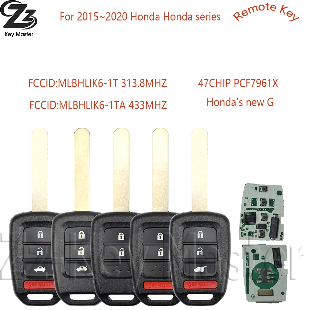 

Zz HLIK6-1T 313.8MHz HLIK6-1TA 433.9MHz ID47 PCF7961X Car Remote Key For Honda Civic Accord City CR-V Jazz XR-V Vezel HR-V FRV