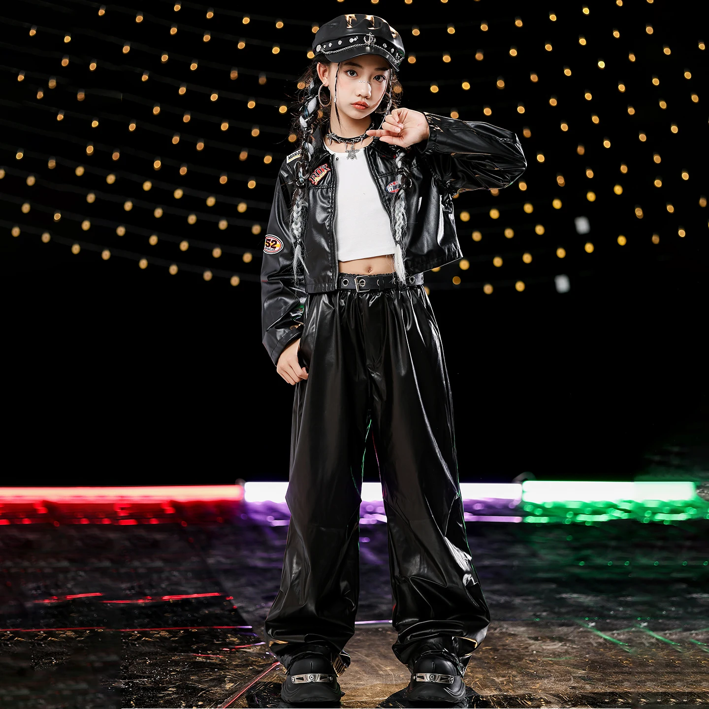 2025 kinder Hip Hop Dance Kostüme Für Mädchen Schwarz Crop Tops Leder Hosen Anzug Straße Dancewear Jazz Dance Kleidung DQS 20893