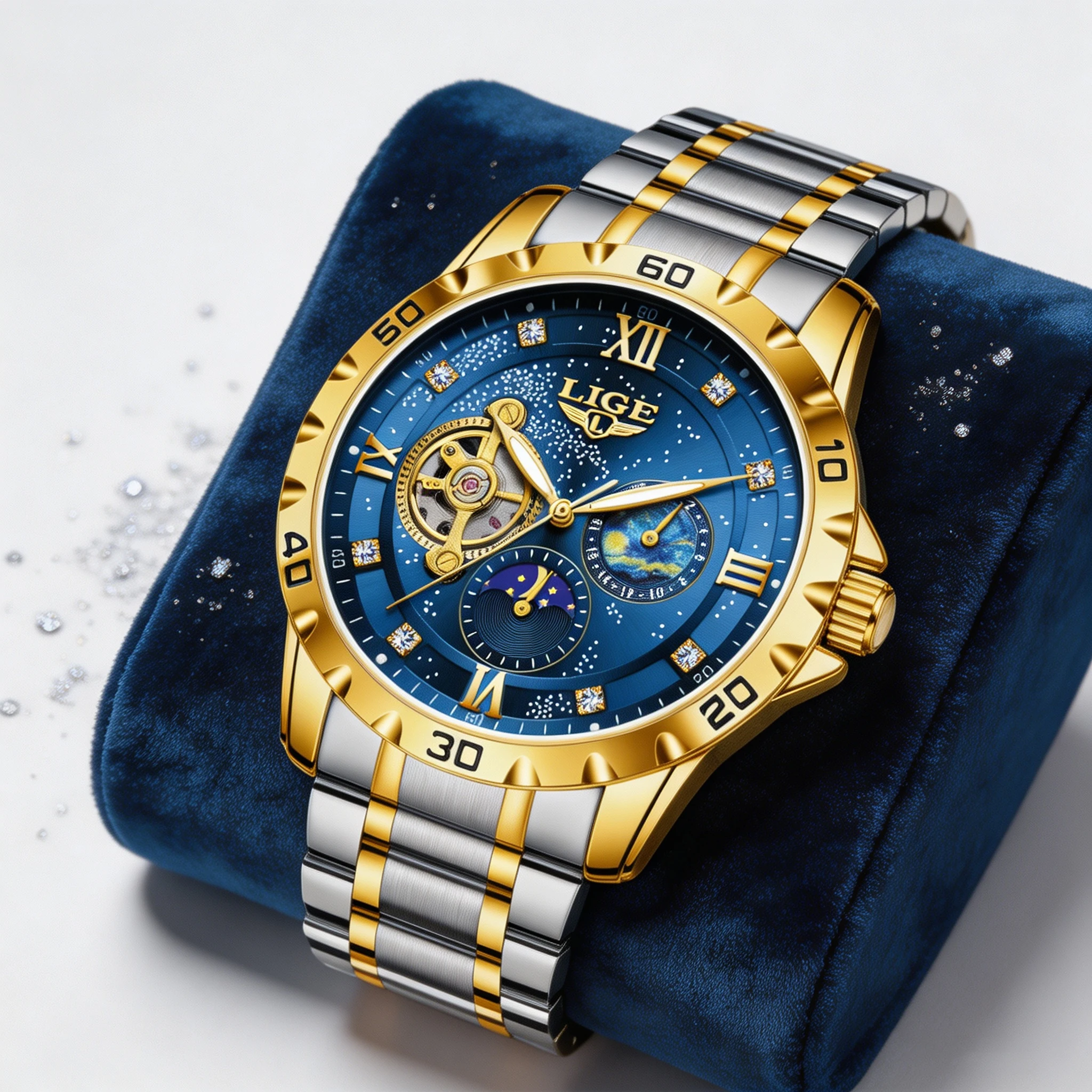LIGE New Automatic Mechanical Men Watch Business Waterproof Luminous Sun Moon Stars Men's Wristwatch Clock reloj hombre