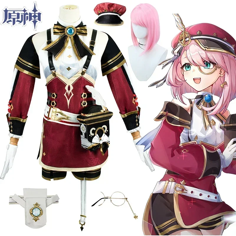 Game Genshin Impact Charlotte Cosplay Costume Wig Uniform Charlotte Genshin Cosplay Outfit Halloween Costumes for Women Girls