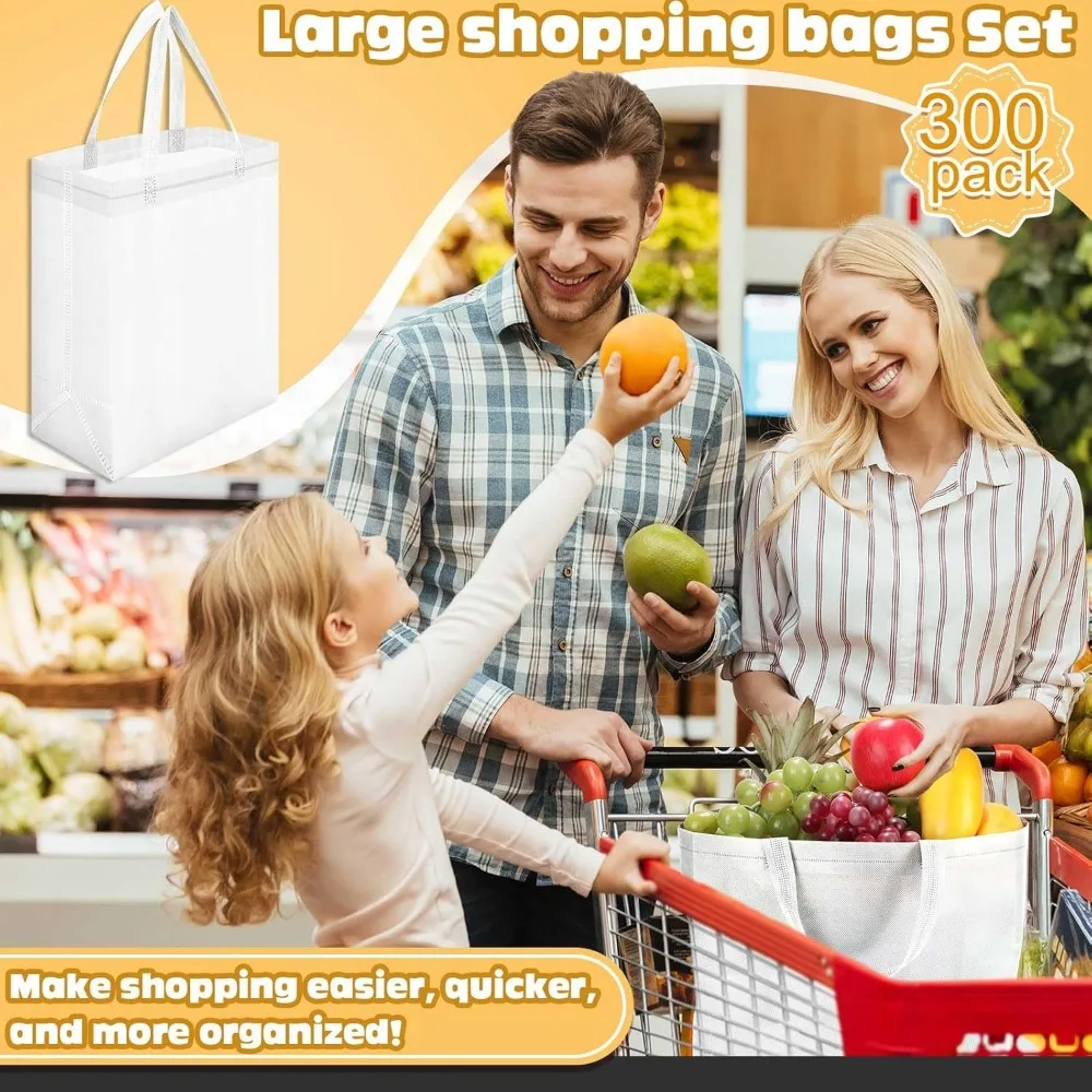 Borse tote riutilizzabili sfuse - Confezione da 300 borse per la spesa in tessuto non tessuto con manici, 8x4x10 pollici, bianche per generi alimentari e regali