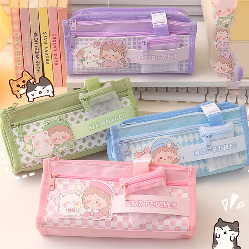 Double Sided Pen Bag Pencil Case Special Macaron Color Dual Canvas Pocket Storage Bag Pouch Stationery School Travel girl gift