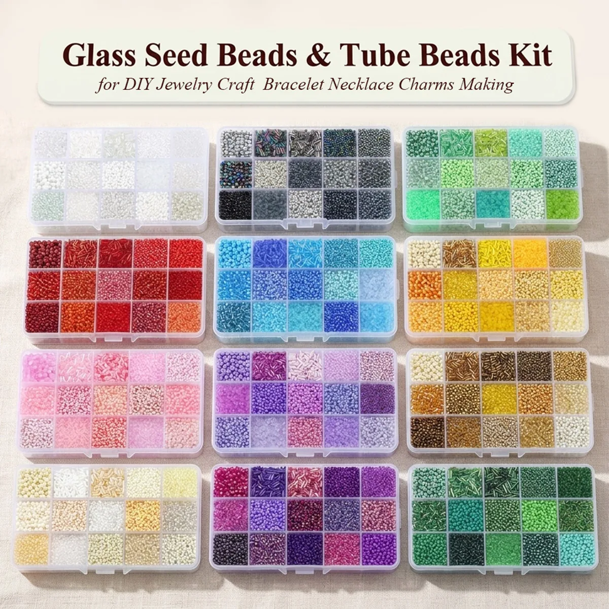 15 Girds Glass Beads Kit Include Seed Beads & Tube Beads with Storage Box for DIY Jewelry Craft  Bracelet Necklace Charms Making