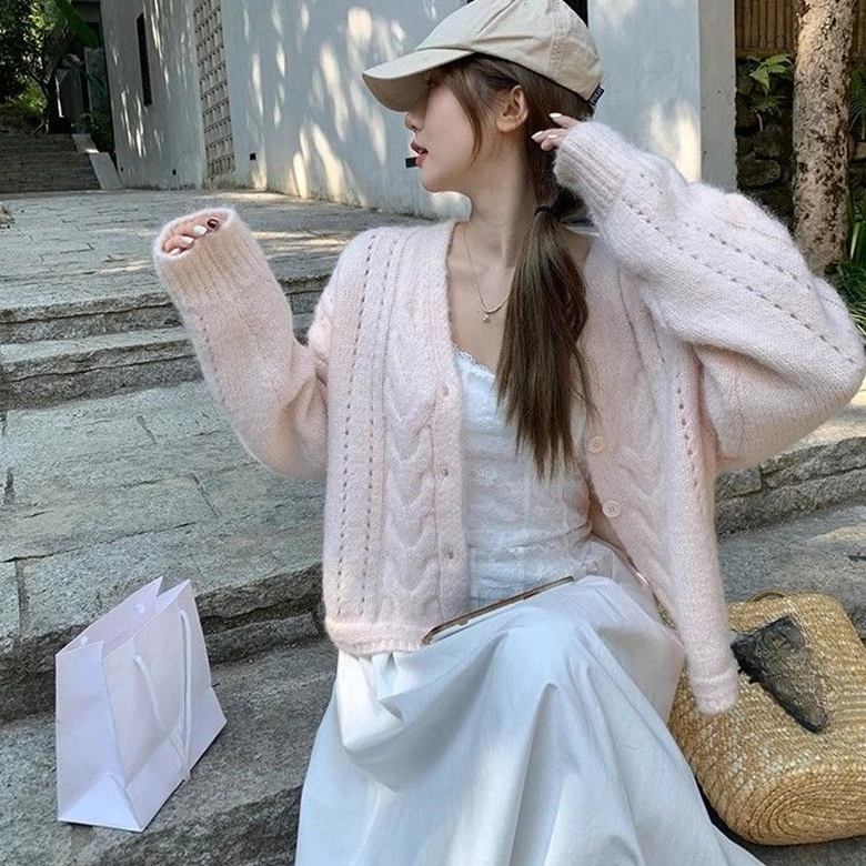 سترة Harajuku غير رسمية فضفاضة أنيقة برقبة على شكل حرف v Y2k سترة نسائية بأكمام طويلة سترة كورية متينة ملابس الشارع الشهير معاطف قصيرة