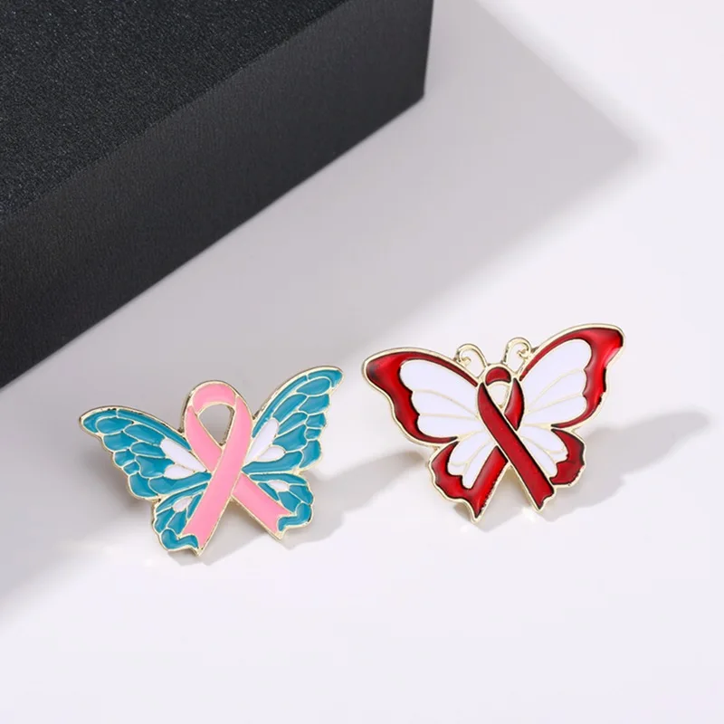 Enamel Lapel Red Pink Butterfly Ribbon Tie Brooches Pin Breast Cancer HIV AIDS Awareness Lapel Badge Backpack Jewelry