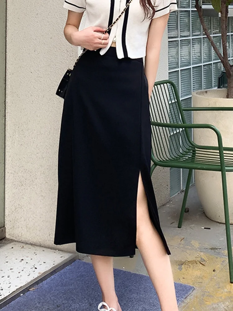 

New Split Skirts Women Polyester 2024 Summer Casual A-line Solid Color Elastic High Waist Slit Party Bodycon Stretch Mid Calf