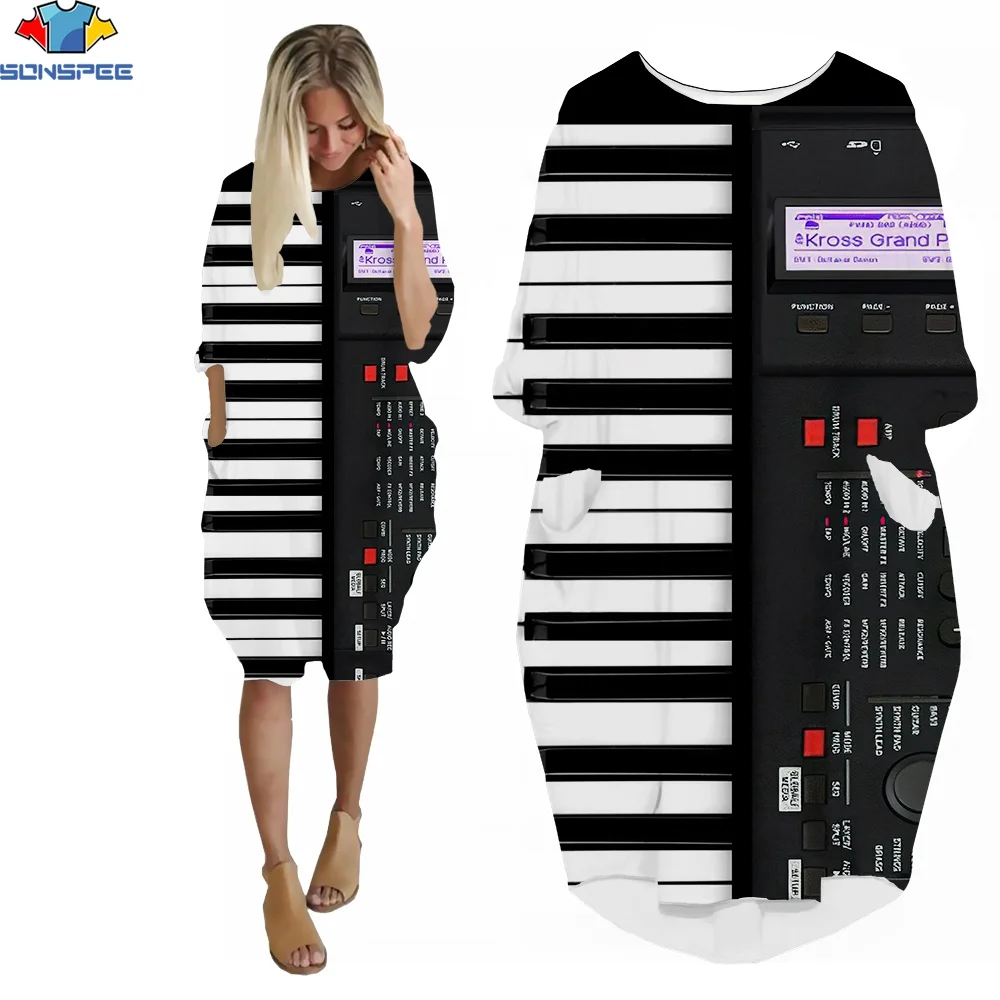 SONSPEE 3D Print New Summer Fashion Hot Ladies Pocket Dress Black White Piano Keys Vintage Classical Music O-Neck T-Shirt Skirts