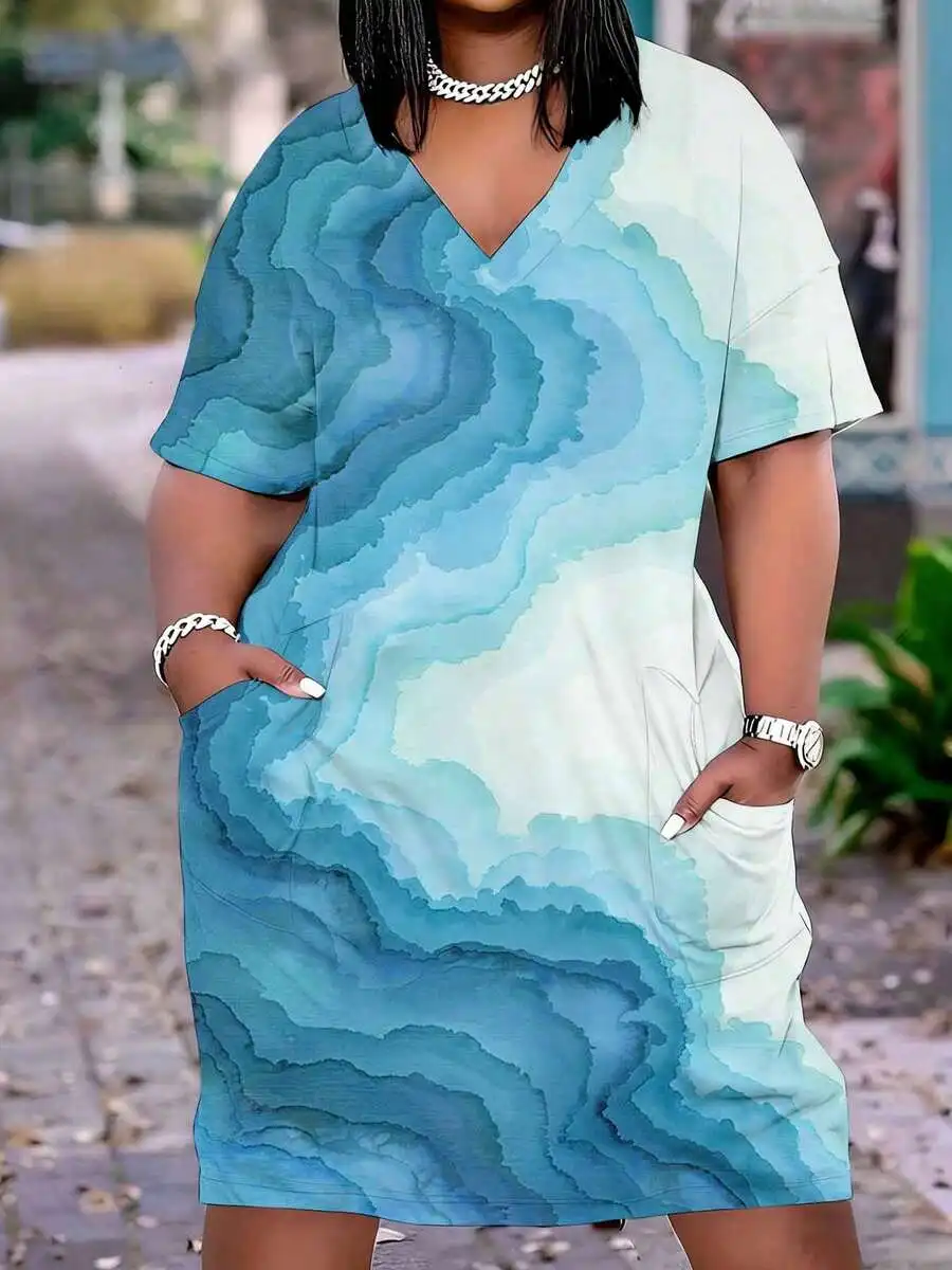 

Casual V-Neck Short Sleeve Dress With Pockets, Blue Watercolor Wave Print Design For Everyday Wear