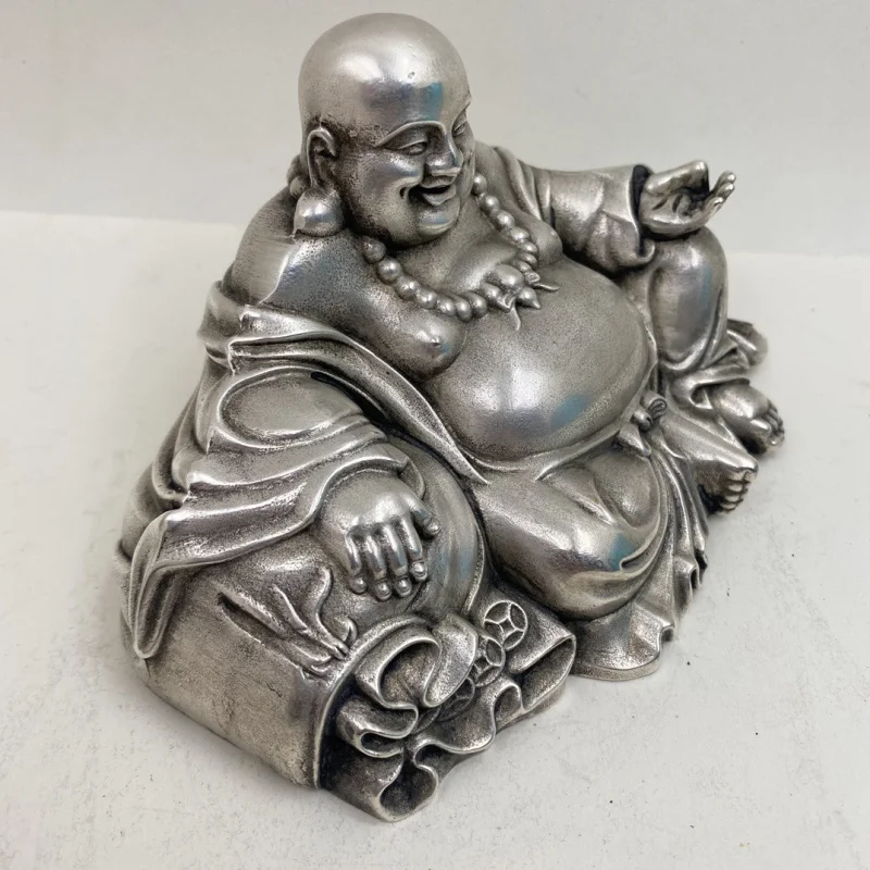 Antique White Copper Laughing Maitreya Figurine, Big-Bellied Buddha, Good Fortune and Wealth Bringing Ornament