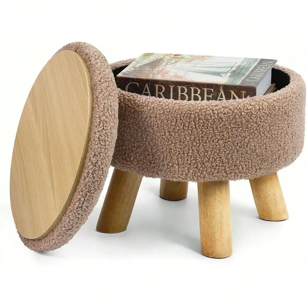 

Foot Rest, Small Round Ottoman With Storage, Boucle Teddy Velvet Footstool With Wood Legs, Soft Sponge Storage Ottoman For Livi
