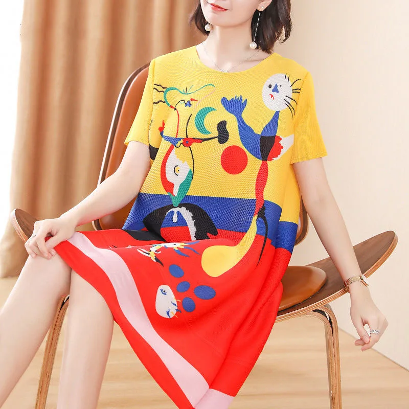 

Summer New Print Short Sleeve Dress Round Neck Cartoon Contrast A-line Skirt Mom's Dress vestidos de fiesta