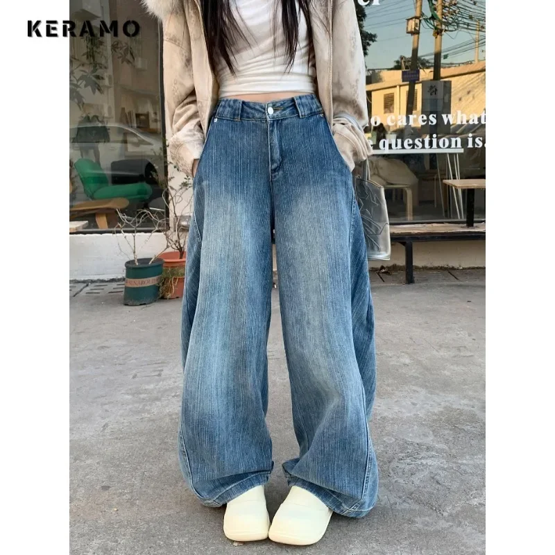 Vintage Aesthetic Mop Loose Washed Pants 2025 Autumn Women's Y2K Wide Leg Casual Blue Harajuku Jeans Punk Baggy Denim Trouser