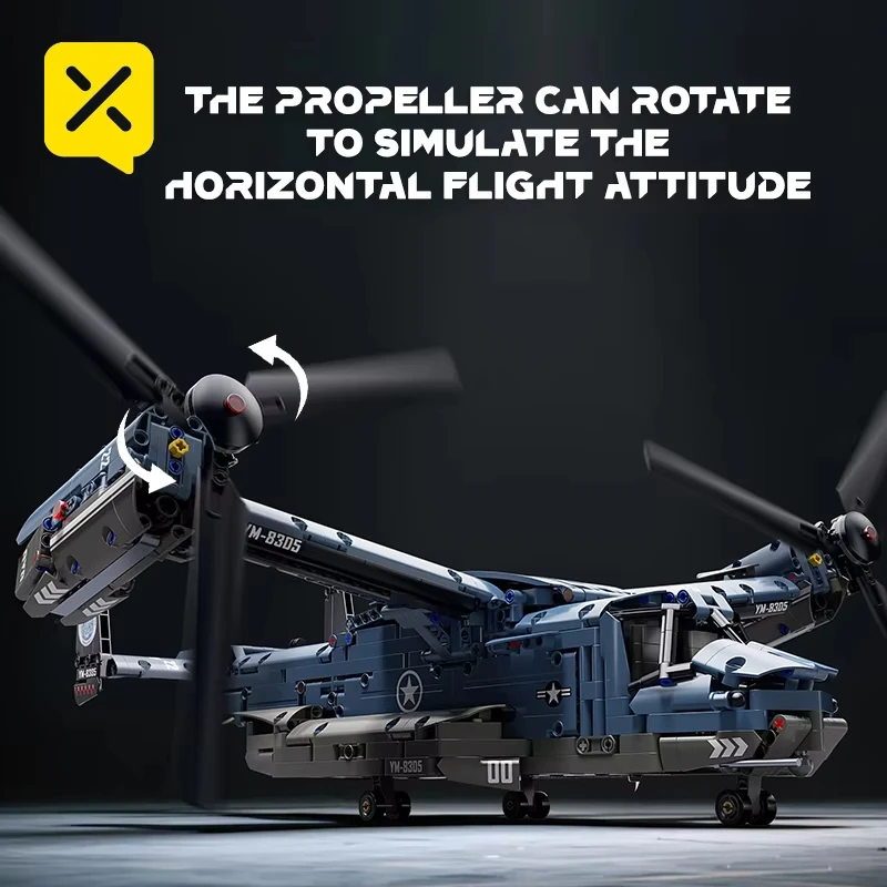 Building block toy, Osprey fighter jet, rotating wing details restored, military assembly model, children's gift