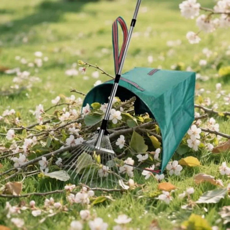 Ancinho de folhas de metal resistente para gramados e jardinagem ao ar livre com sacos de folhas tipo pá de 53 galões, design de alça longa com ex