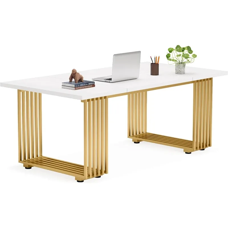 70.9 in Executive Desk, White Computer Desk with Gold Metal Legs