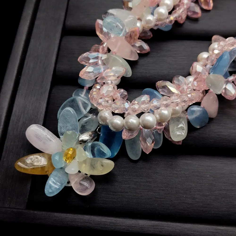 

KKGEM Pink Crystal Flower Pendant Natural Multi Color 7x15mm Morganite 6mm White Sea Shell Pearl Necklace Handmade Jewelry