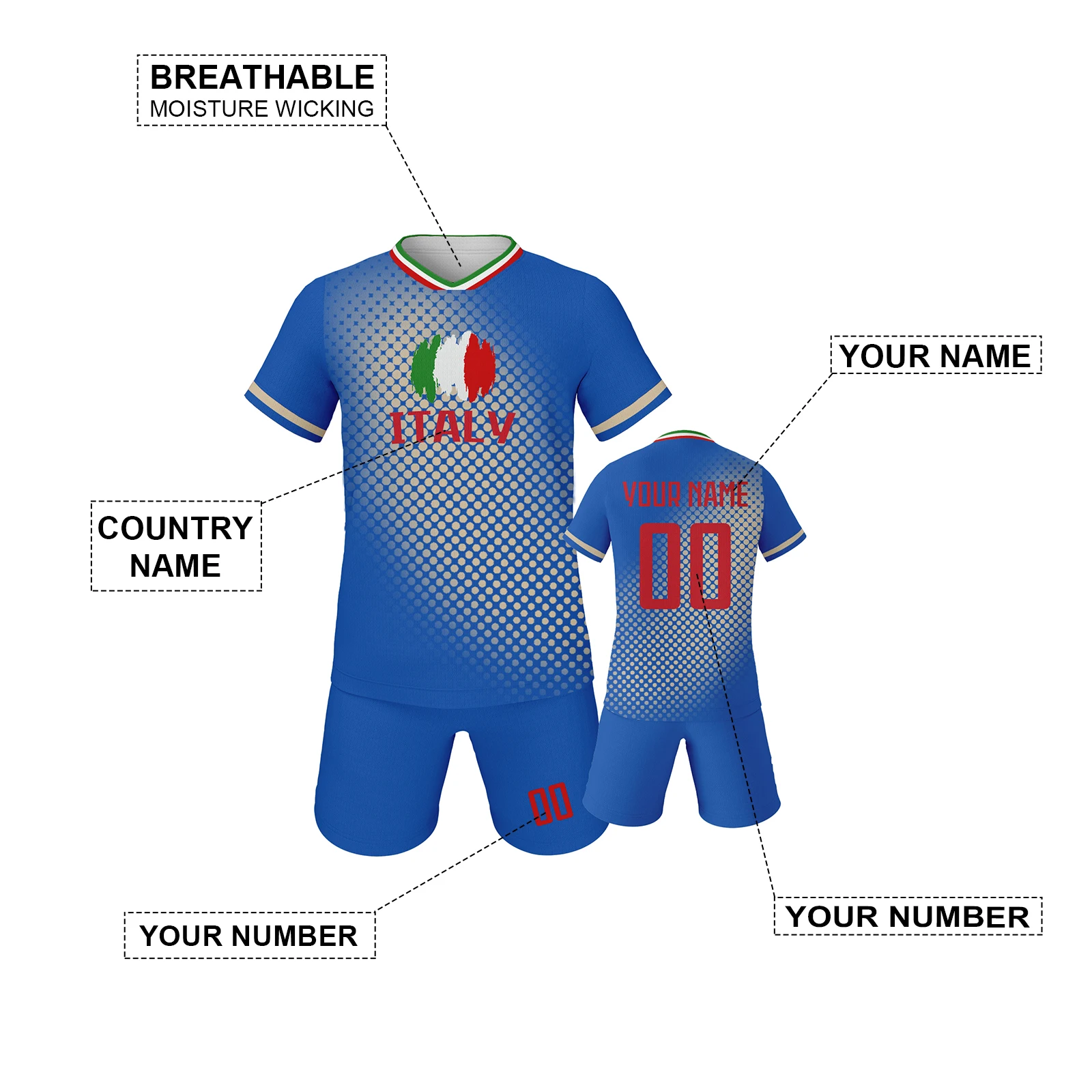 Italy Custom Kids Football Jersey Kit Personalized Name Number Soccer Uniform Youth Fans Boys Girls Training Outfit Fans Gift