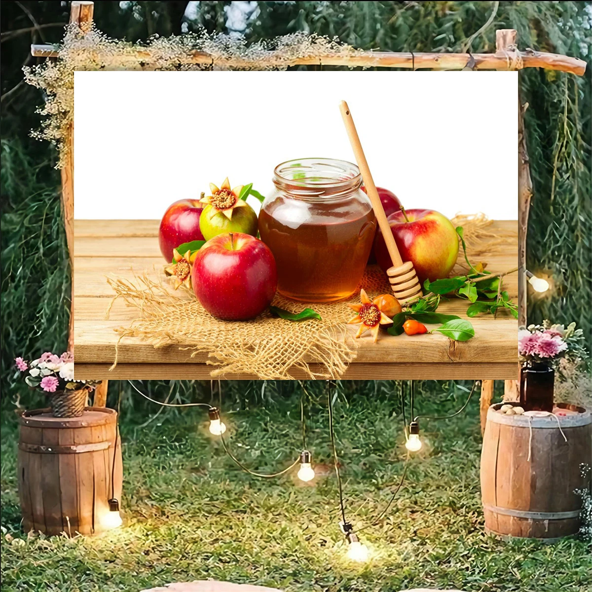 Table Fruit Rosh Hashanah Backdrop Banner Decor Brown - Shana Tova Happy Jewish New Year Party Theme Decorations High Holy Day