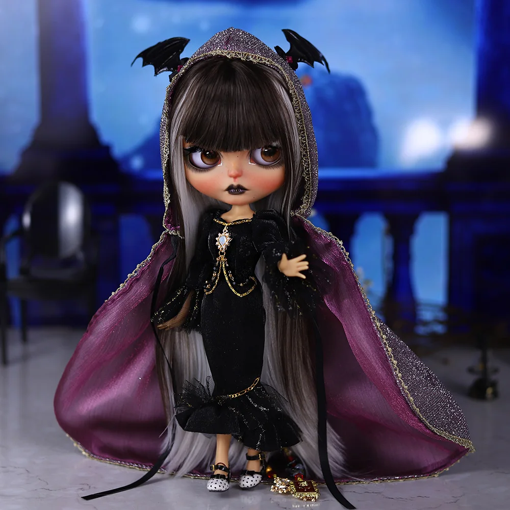 

ICY DBS Blyth Doll 1/6 BJD Tan Skin Brown Straight Hair Jellyfish Head Straight Hair Custom Hand Carved Eyebrow, Lips, and Face