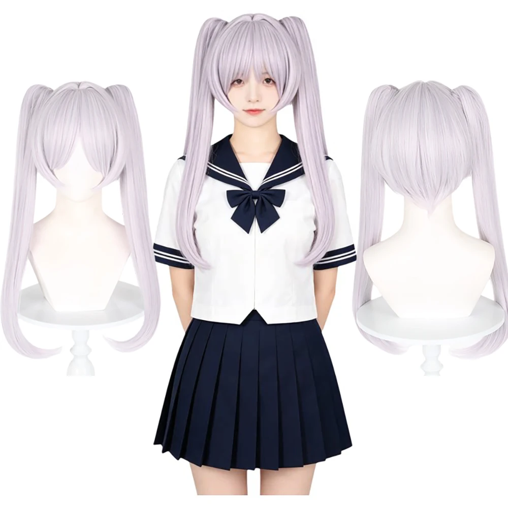 

Silver Lavender Claw Clip Double Ponytail Long Straight Wig With Full Bangs Synthetic Hair For Women Elegant Daily Lolita Style