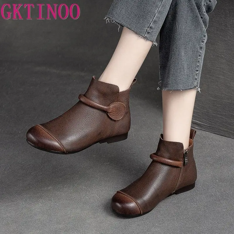 GKTINOO Retro Women Short Boots 2024 Autumn Winter New Genuine Leather Slip-on Shoes Handmade Round Toe Flat Ankle Boots