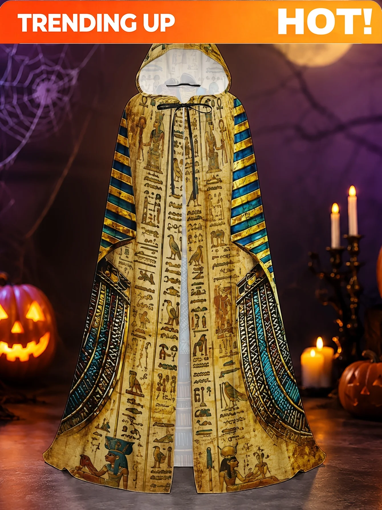 Customization 1pc Polyester Hooded Robe With Golden Pharaoh Bust And Hieroglyphs Pattern For Men And Women, Suitable For Hallowe