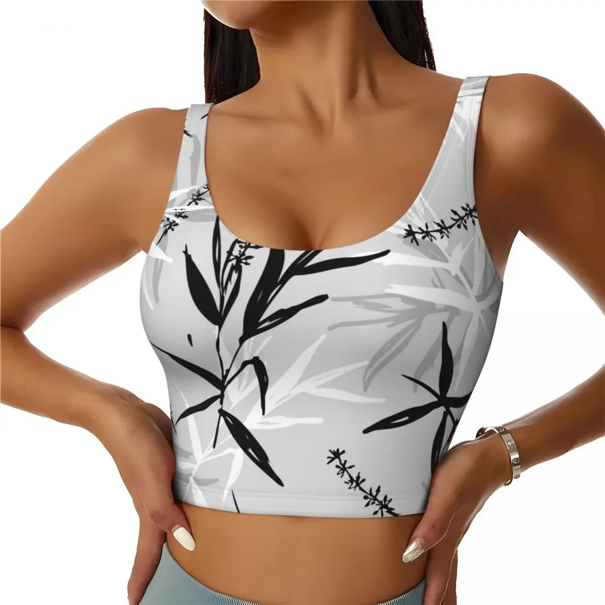 

Bamboo Leaves And Flower Painting Basic Tops Women Samba Sexy V-Neck Yoga Fitness Sports Tops
