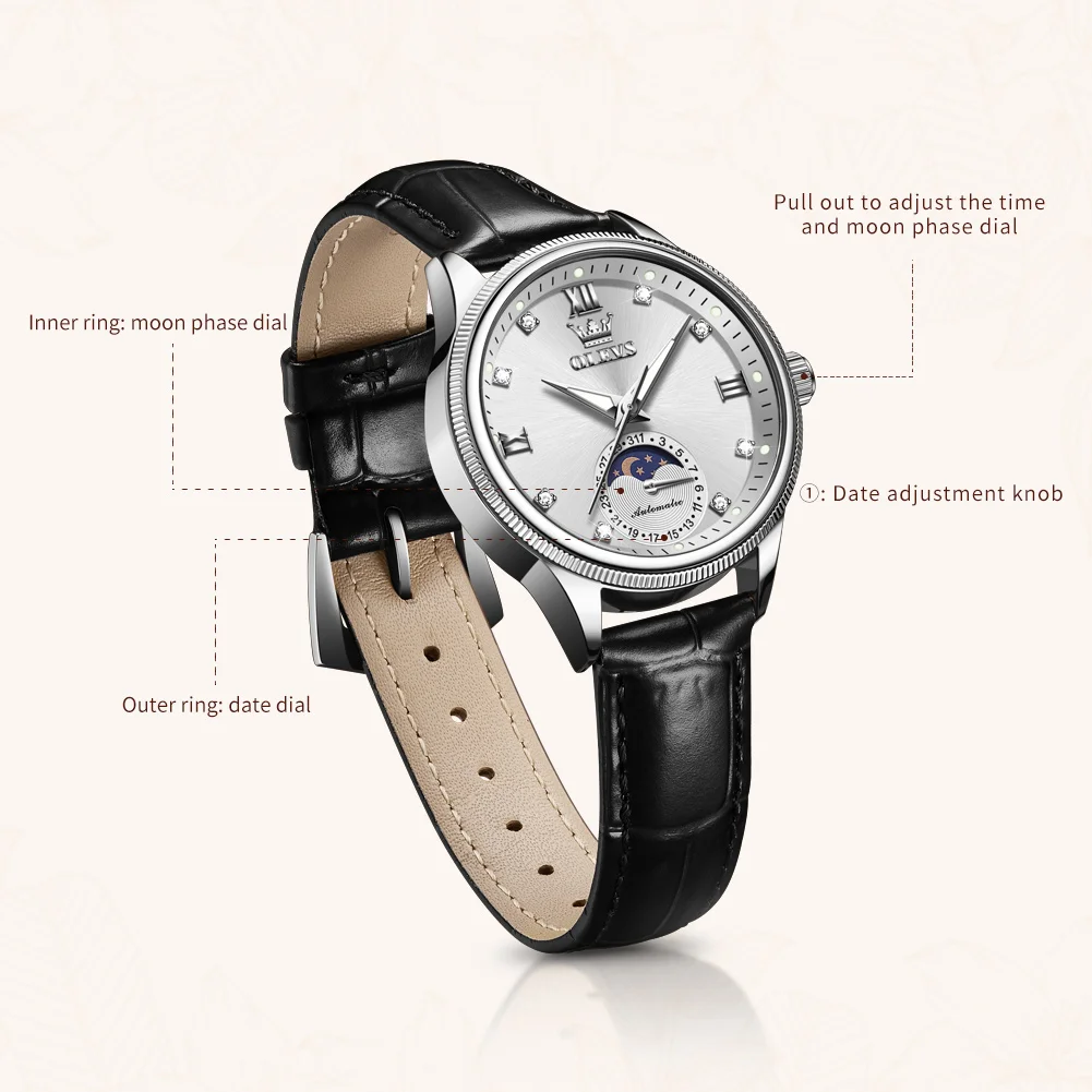 OLEVS 7039 Brand Original Women's Watches Leather Strap Date Moon Phase Automatic Mechanical Watch Luxury Elegant Ladies Watches