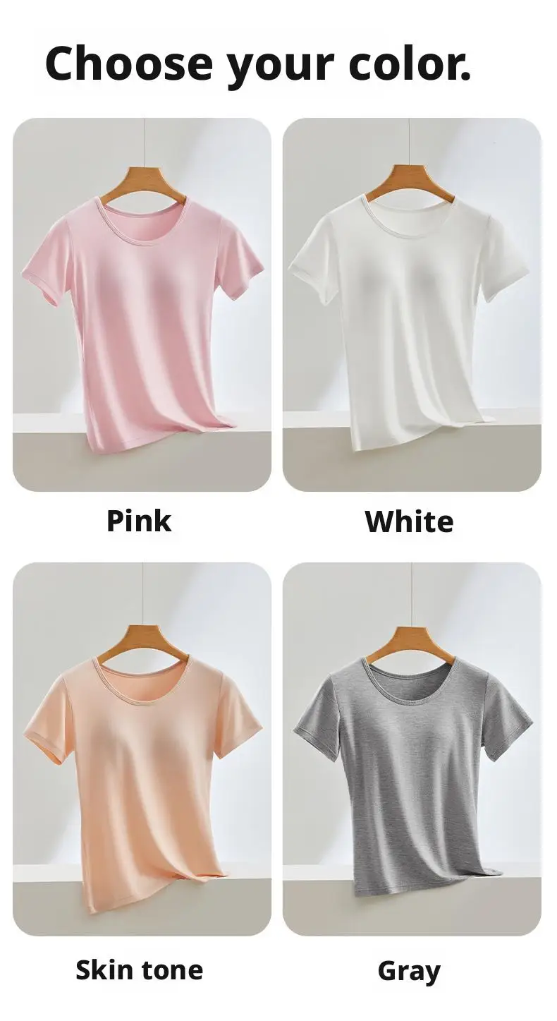 Ubowen Für 40-90 kg große Frauen, Übergrößen-T-Shirt mit kurzen Ärmeln, integriertem BH, Rundhalsausschnitt und festem Körbchen. – Detail 18
