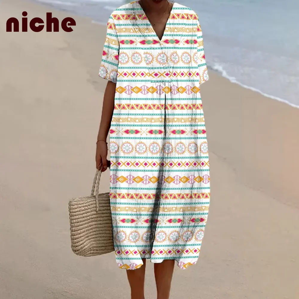 

Retro Women's Dress Geometric Pattern Graphic Printing High Quality Fabric Loose V-Neck Fashion Trend New Beach Skirt