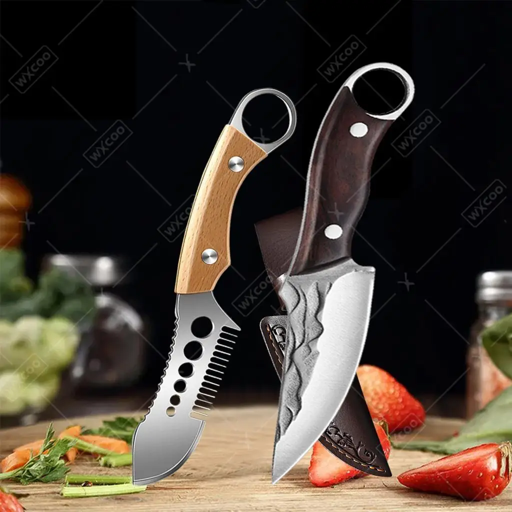 WXCOO Hand Forged Stainless Steel Kitchen Knife with Cover Multifunctional Scallion Slicer Vegetable Peeler Fish Scale Scaler