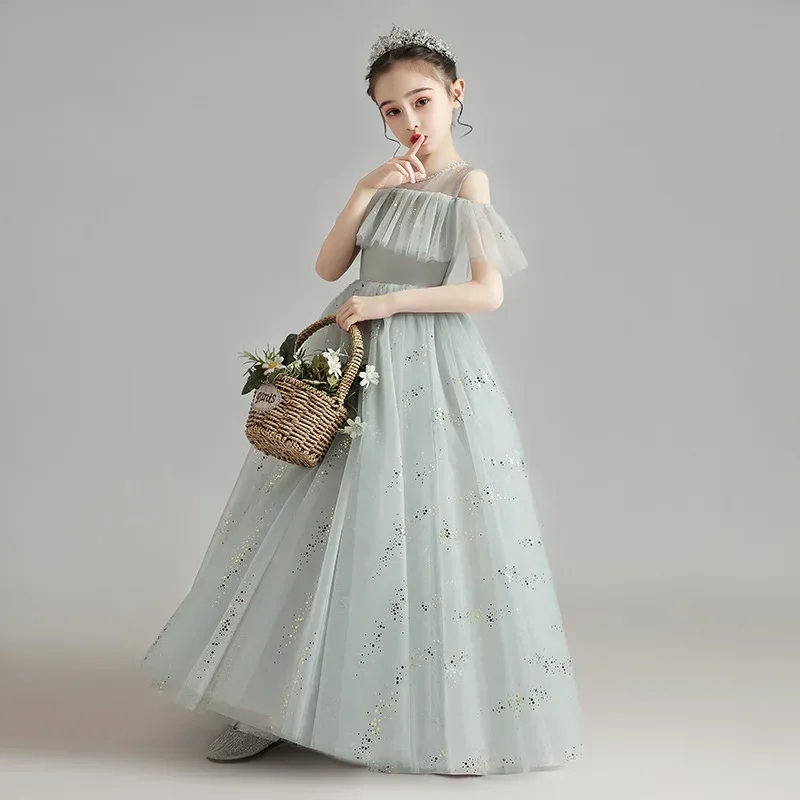 Children's Dress 2024 Spring New Fluffy Yarn Flower Children's Fashionable Little Girl Host Walk Show Performance Dress