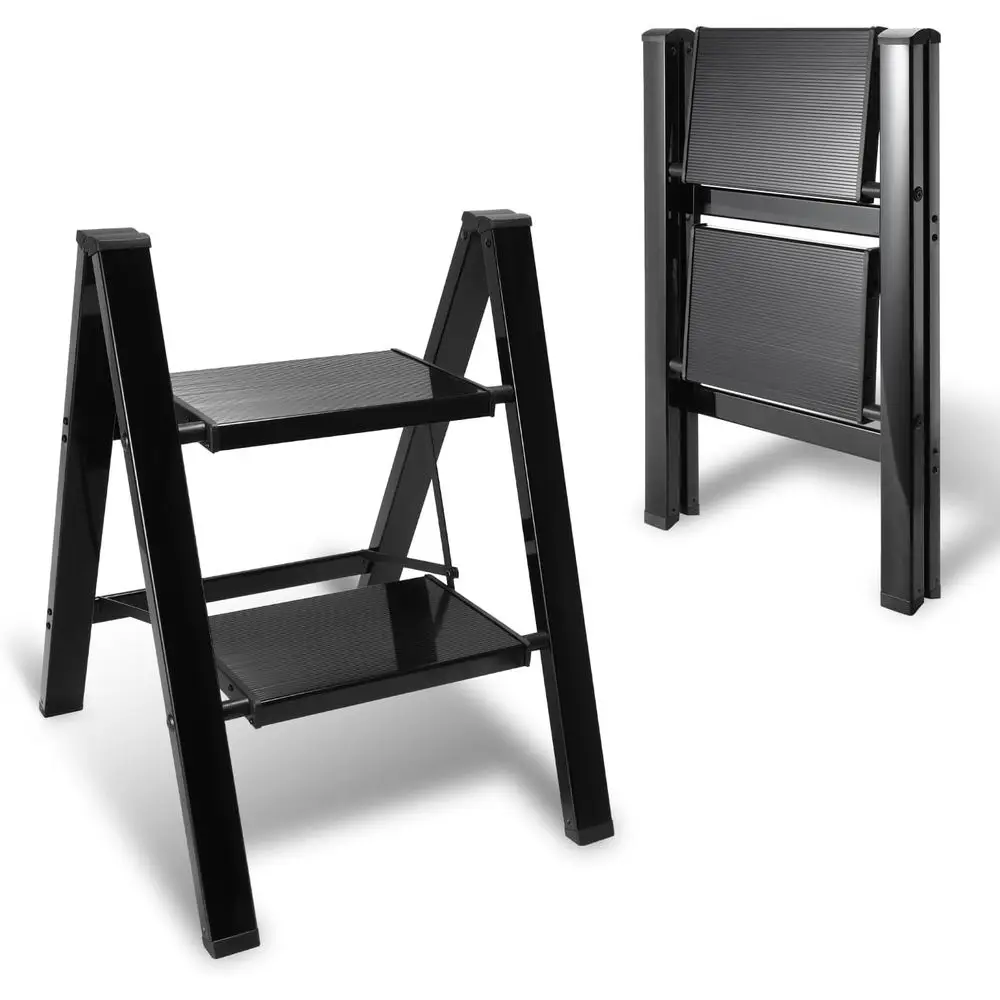 Lightweight 2-Step Folding Ladder with Non-Slip and Load-Bearing Capacity up to 150 kg, Black for Kitchen and Household Use