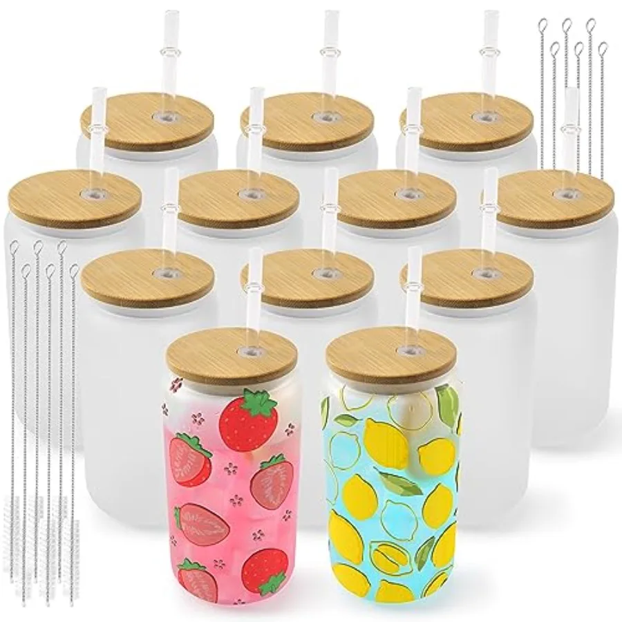 

Sublimation Glass Cups Blanks with Bamboo Lid 16 OZ Glass Beer Cans Mason Jar for Iced Coffee Juice Soda Drinks