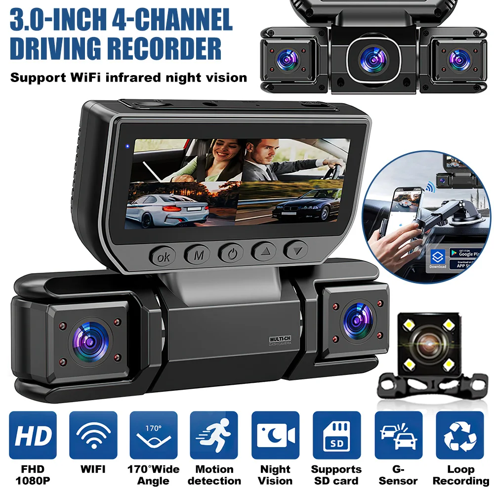 

4-канальная видеорегистратор 360° ° Видеорегистратор View 1080P спереди и сзади с Wi-Fi 5 ГГц и управлением через приложение G-сенсором ночного видения