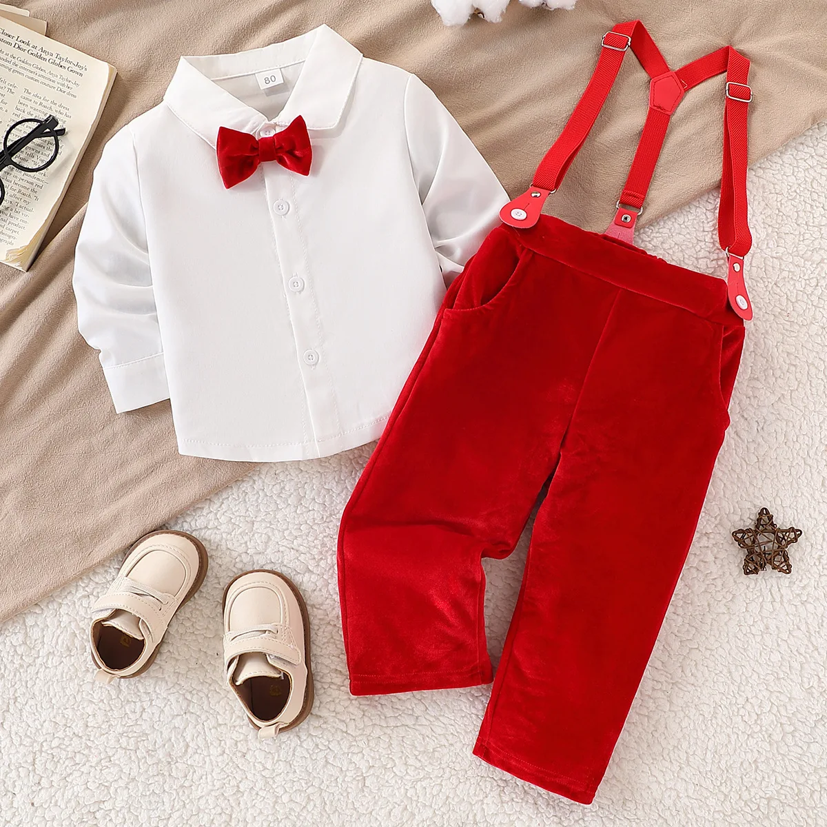 3Piece Autumn Baby Boy Clothes Christmas New Year Fashion Gentleman Tie Long Sleeve Tops+Red Pants Boutique Kids Clothing B381