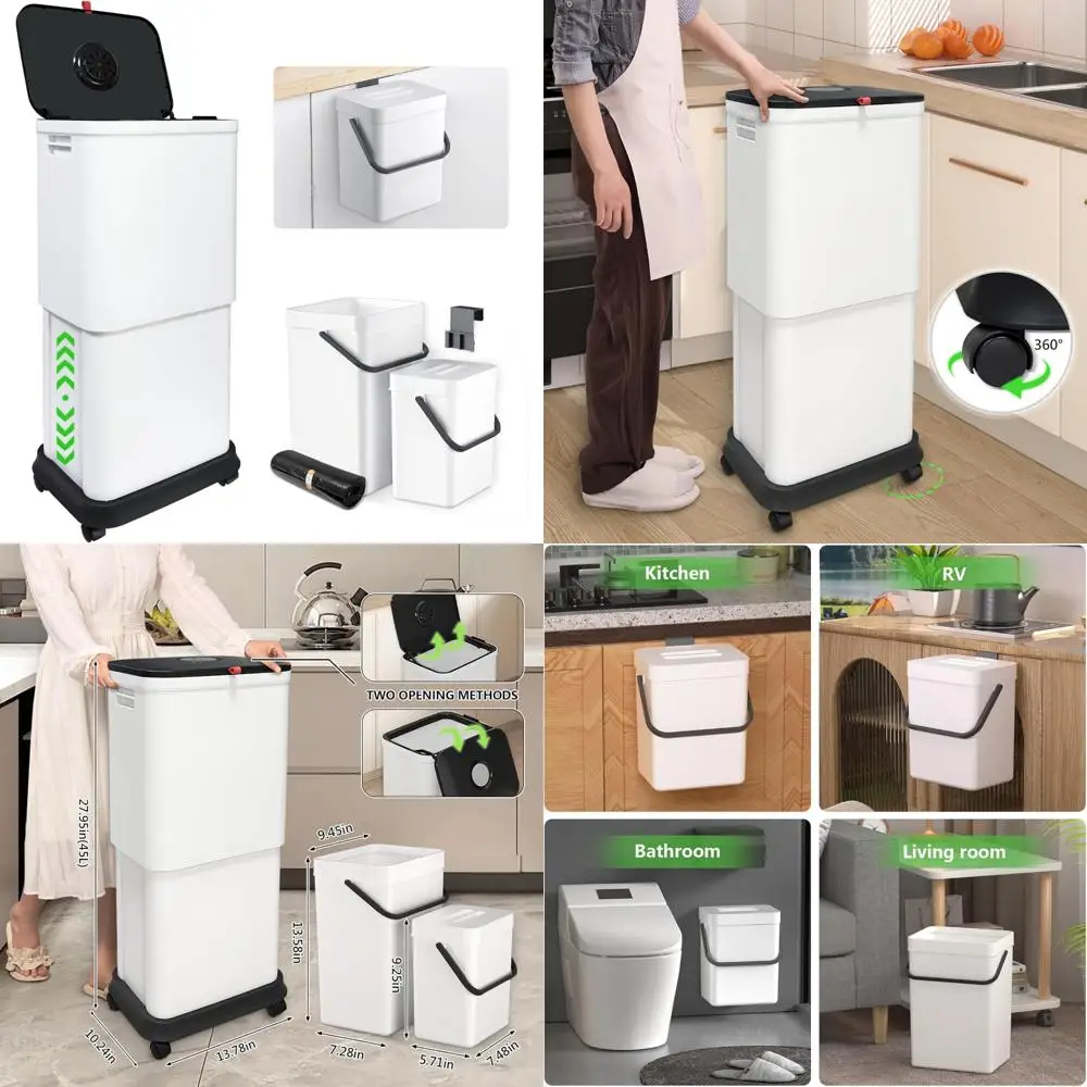 

Adjustable Capacity Kitchen Trash Cans, 20L-45L, 3 Pack with Lid and Two Hanging Bins for Efficient Waste Management