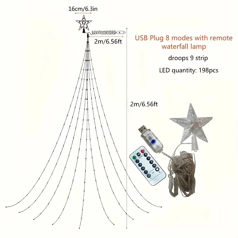 198 luces LED para árbol de Navidad, luces de estrella de cinco puntas, Control remoto, USB, 8 modos, luz de hadas impermeable, decoración navideña