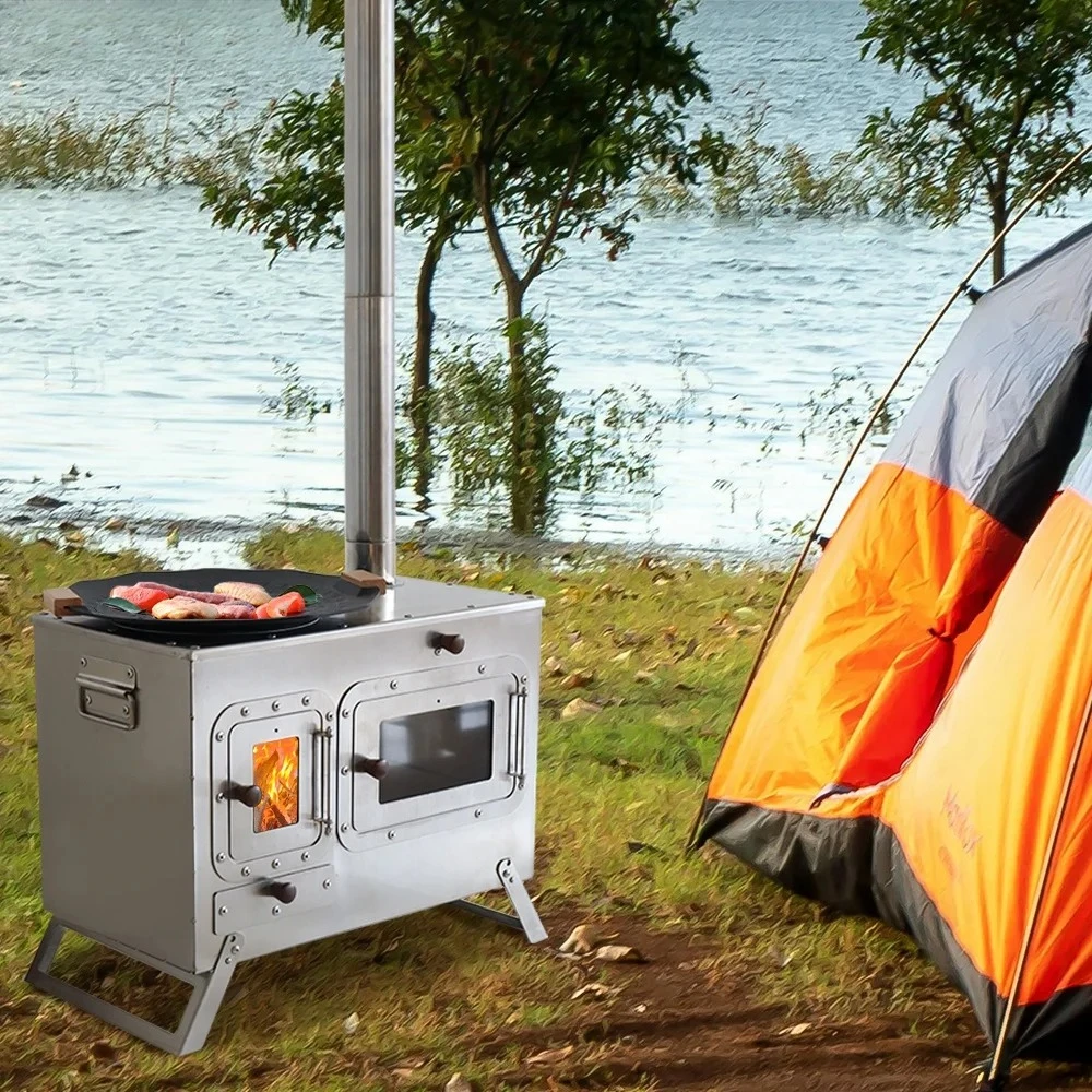 New Design Stove Stainless Steel Thermal Tent Stove Burn Wood with Large Firebox and Side Window for Cooking Heating Thermometer